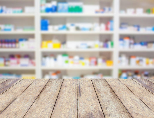 drug store or pharmacy. shelf of drugs in drug store. drug store counter.